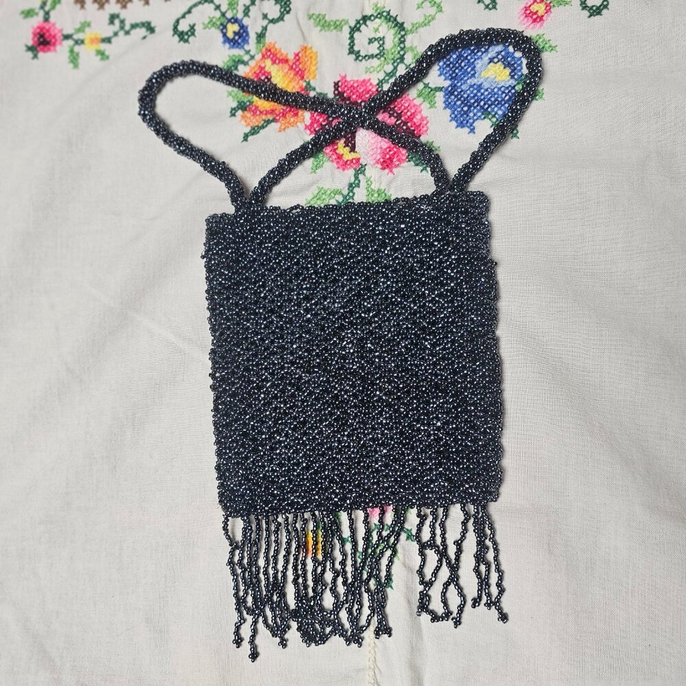 Black AB Glass Seed Bead Woven Evening Bag Purse